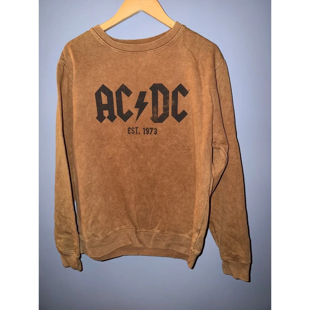 AC/DC‎ Graphic Sweatshirt Mens Medium Brown Acid Wash Est 1973 Band Pullover